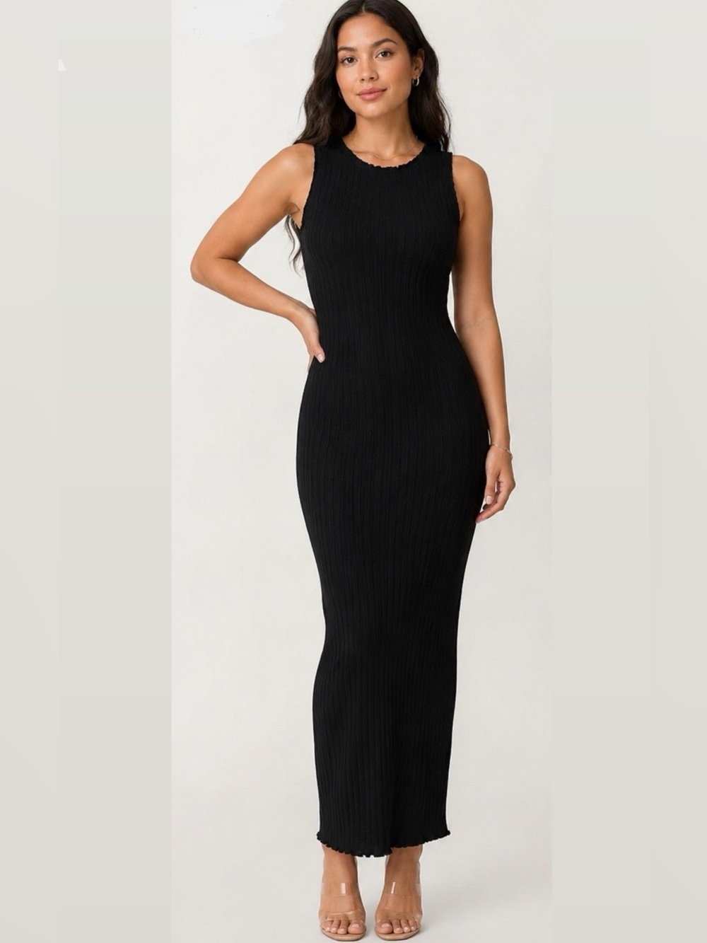 vestique Black Ribbed Maxi Dress - Sleek Sleeveless Silhouette